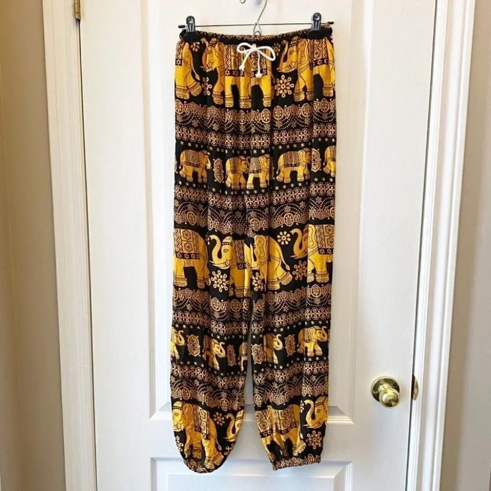 Black Gold Balloon Pants Flowy Draped Harem Joggers Elephant Print Size XS/S - Picture 4 of 15